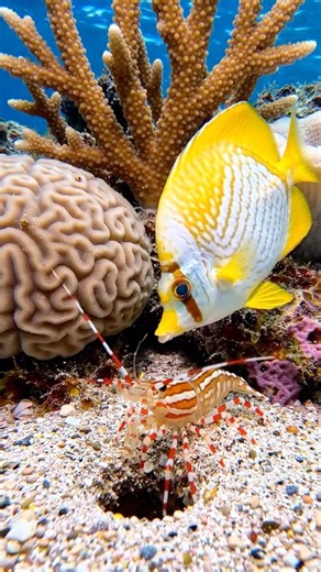 Pyramid Butterflyfish Found A Peppermint Shrimp In A Hole Then Emerged #shorts