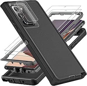 for Samsung Galaxy Note 20 Ultra Case, with 2Pcs [Self Healing Flexible TPU Screen Protector & Camera Lens Protector] 3 in 1 Heavy Duty Case for Galaxy Note 20 Ultra 5G (Black/Grey)