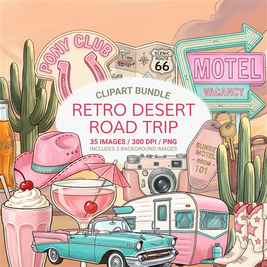 Retro Desert Road Trip Clipart Bundle, Route 66 Motel Diner Graphics (digital Download) - Etsy