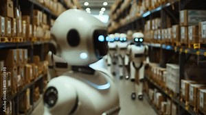 Futuristic robots working in warehouse. Automated humanoid machines managing inventory. Modern technology in logistics and supply chain. Artificial intelligence in industrial setting.