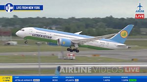 An Uzbekistan Airways 787-8 Dreamliner takes off from JFK bound for Tashkent, as seen during the Airline Videos Live broadcast from the TWA Hotel rooftop patio deck! #airlinevideoslive #airlinevideos #airports #aviation #airplanes #boeing787 | AIRLINE VIDEOS
