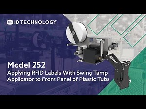 Model 252 Applying RFID Labels With Top Swing Applicator To Front Panel On Plastic Tubs