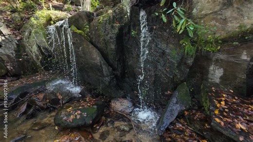 Twin Rock Falls Plunging Through Narrow Cleft Into Shallow Splash Pool, Closeup Textures Of Wet Stone And Moss, Ecologist Surveying Microhabitat, Shaded Tennessee Ravine, Intimate Natural