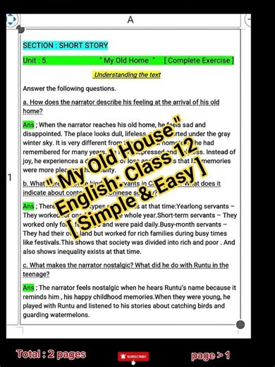 'My Old House' Class 12 Exercise and Summary |'my old house' complete exercise solution|#neb#shorts