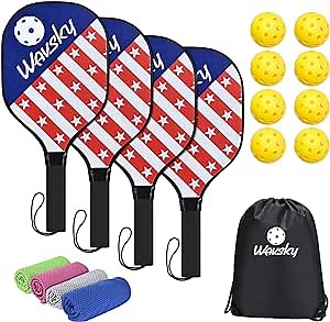 Pickleball Set - 4 Paddles, 8 Balls, 4 Cooling Towels, Carry Bag, Wooden Pickleball Rackets With Ergonomic Grips for Beginners