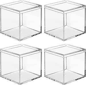 Clear Acrylic Plastic Square Cube, 4-piece Acrylic Clear Box, Sturdy and Long Lasting, with Lid, Acrylic Square Container is Suitable for Storing Candy, Small Accessories, Cosmetics (3.9 Inches)