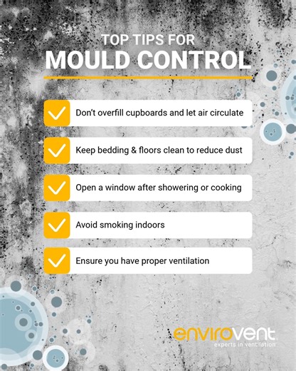Top Tips to Keep Mould Out of Your Home! ▪️Let air flow - don’t overfill cupboards and wardrobes ▪️Keep bedding & floors clean to reduce dust build‑up ▪️Open a window after showering or cooking ▪️Avoid smoking indoors (it adds moisture pollutants) ▪️Make sure your home is properly ventilated Need help improving ventilation? Arrange a free home survey: https://loom.ly/JNnss6I #condensation #mould #ventilation #envirovent | EnviroVent