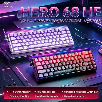 AULA HERO 68 HE Features Hall Effect Magnetic Switches With An 8K Polling Rate And Ultra-Low Latency Of 0.125ms For Smooth Gaming Performance. Equipped With 16.8M RGB Lighting, It Delivers 0.01mm Precision And Adjustable RT Actuation Ranging From 0.1 To 3.4mm. The Web Driver Supports Key Remapping, Macro Settings And Lighting Customization (Windows Only). It Creates Immersive Visual Effects With A Compact 68-Key Layout And Premium Side-Printed PBT Keycaps. | SHEIN