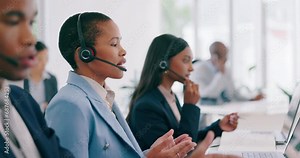 Call center, laptop video call or business black woman consulting on tech support, customer service or help desk. Communication, webinar consultation or telemarketing agent discussion on telecom chat