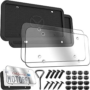 2 Pcs Silicone License Plate Frames with Polycarbonate Covers, Rust-Proof, Weather-Resistant, Easy Installation, Premium License Plate Protector for Cars with 2 Drainage Holes