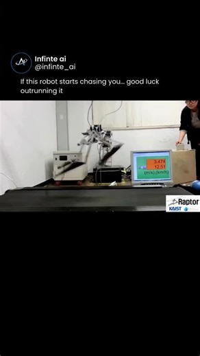 Infinite AI on Instagram: "It runs faster than elite human sprinters 😲⚡️ It’s called Raptor, a two-legged robot built by the MSC Lab at KAIST. It uses lightweight materials, spring-like mechanics, and a tail-inspired balance system to hit around 46 km/h on a treadmill - quicker than the fastest recorded human sprint speed. The design takes cues from how velociraptors moved to focus on speed and agility. What do you think about robots moving this fast?🤔💬 🎥: KAIST Mechatronics, Systems, and Co