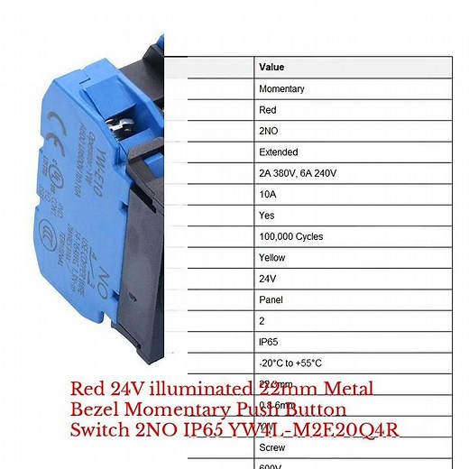 Red 24V illuminated 22mm Metal Bezel Momentary Push Button Switch 2NO IP65