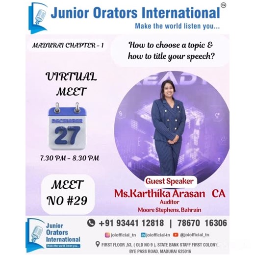 Junior Orators on Instagram: "Our heartfelt thanks to @karthika__arasan, for the insightful session on “How to choose a topic & how to title your speech.” The meet was truly enriching, filled with clarity, confidence, and practical takeaways for our JOI Champs. Grateful to all our JOI Champs for making it an engaging and memorable session. #publicspeaking #english #students #language #development"