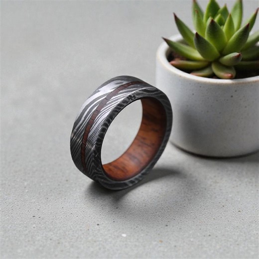 Handmade Damascus Steel Ring With Wood Inlay | Comfort Fit Wedding Band - Etsy