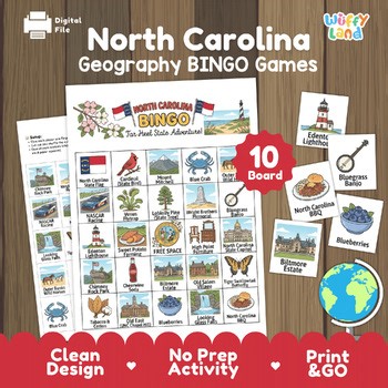 North Carolina State Geography Bingo Game | US States Research Social Studies