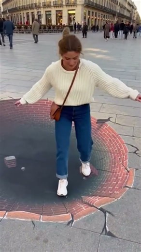 This 3D chalk art is absolutely INSANE!She almost fell into the "hole" #StreetArt#3DArt#ChalkArt