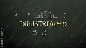 Chalk drawing of 'INDUSTRIAL 4.0' and various connected industrial revolution 4.0 icon, 4k animation.