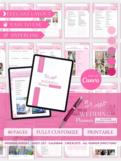 Editable Wedding Planner Canva Template, Printable, Bridal Shower Planner, Honeymoon Planner, Wedding Organizer Digital Download - Etsy