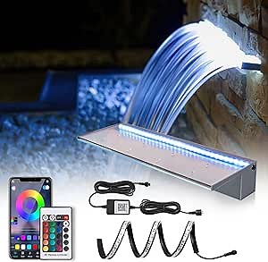 24'' APP Control Pool Waterfall Spillway Acrylic Pond Fountain with RGB LED Lights, Fountain Set for Outdoor Decorations, Koi Pond Swimming Pool w/16 Color Changing Spillway for Sheer Descent