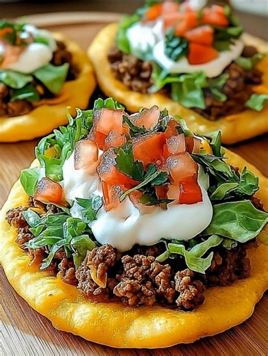 Soft and Fluffy Indian Fry Bread Tacos Ingredients: 2 cups all-purpose flour ½ teaspoon salt 1 teaspoon baking powder ¾ cup warm water Vegetable oil for frying For the Tacos: 1 cup cooked and seasoned ground beef or chicken 1 cup shredded lettuce 1 cup diced tomatoes 1 cup shredded cheese Sour cream and salsa for serving Directions: Make the Fry Bread: 1.1. In a large bowl, mix the flour, salt, and baking powder together. 1.2. Gradually add the warm water and stir until a dough forms. 1.3. Knead