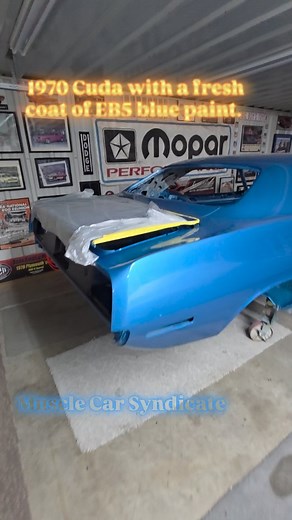 This 1970 Plymouth Cuda is wearing some fresh EB5 Blue Fire Metallic. The car started life as a B5 blue car with white interior. It's also a factory N code 383 that is backed by four speed and the A36 3.55 Sure Grip filled 8.75" performance axle. This car will go back to that combination but just for fun, what drivetrain would you put in it? . . Follow me @musclecarsyndicate on Instagram, Facebook and YouTube. Thank you. . . #plymouth #plymouthcuda #rapidtransitsystem #1970cuda #cuda #mopar #mop