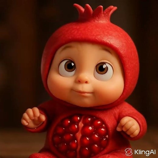 Cute Pomegranate Baby In Red Outfit Eating Fruit