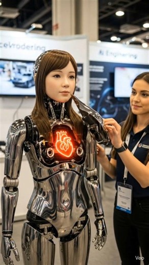 A futuristic humanoid robot girl presented at a technology expo. The video creatively imagines how advanced robotics may look and perform in real-world exhibitions and innovation events. Designed with a realistic human-like face and smooth mechanical body structure, the humanoid robot represents the next generation of artificial intelligence and smart automation systems. In this ai Video Generated concept, the robot is shown demonstrating how it can perform tasks using AI-powered systems, smart 