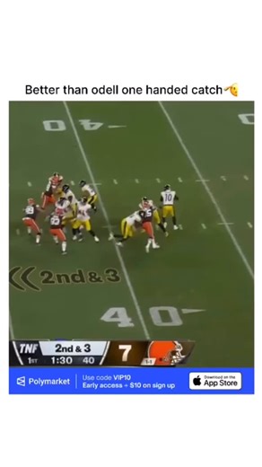 DAILY-HIT_NFL on Instagram: "@polymarket This video captures a spectacular athletic feat during an NFL game between the Pittsburgh Steelers and the Cleveland Browns. The play begins with Steelers quarterback Mitchell Trubisky rolling out to his right and launching a deep pass down the sideline. Wide receiver George Pickens, wearing number 14, adjusts his path as the ball is slightly underthrown, positioning himself in front of the defender. In a moment of incredible concentration, Pickens extend