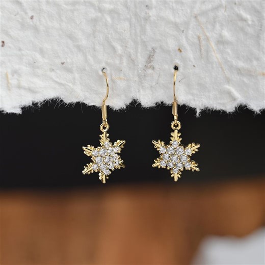 Snowflake Crystal Dangle Earrings, Gold Winter Statement Earrings, Sparkly Holiday Jewelry, Christmas Gift for Her - Etsy