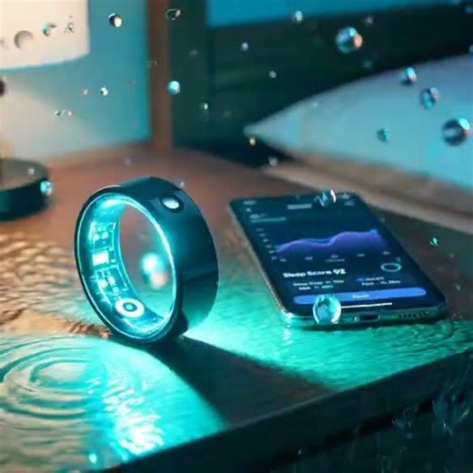 Smart ring with water droplets splash effect, dramatic lighting