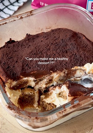 the only high-protein dessert you’ll ever need 🤌🏼 this healthier tiramisu is ridiculously easy, tastes unreal and has 26g protein per serving - so you can have a sweet treat ready in the fridge whenever the craving hits 🍫✨ meal-prep it once >> desserts sorted for days Makes 2 servings Ingredients - 200g greek yoghurt - 70g cream cheese ( I used a light version ) - 25g vanilla whey protein powder - 2 tsp coffee granules - 200ml boiling water - 8 sponge fingers - 1 tsp cocoa powder Method - Mix