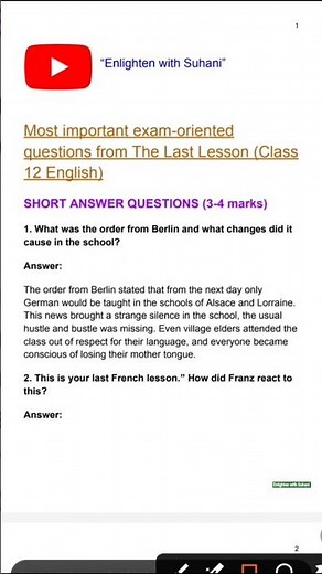 Class 12th English Flamingo Ch-1 The Last Lesson most important questions 2025-26#class12 #boardexam