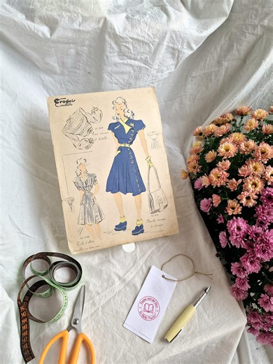 Vintage 1940s French Fashion Illustration – Croquis Couture Blue Day Dresses – Original Paris Mid-century Couture Drawing - Etsy