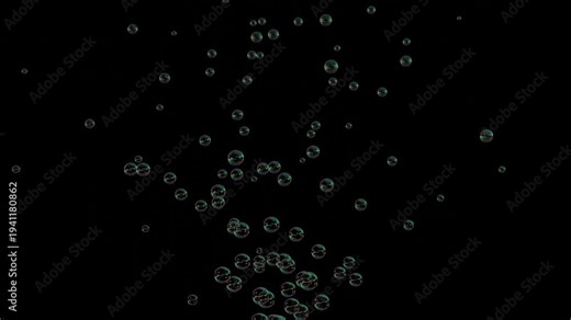 Water bubbles rising up and exploding overlay black background. soap water bubbles Loopable with alpha matte. Underwater bubbles animation.