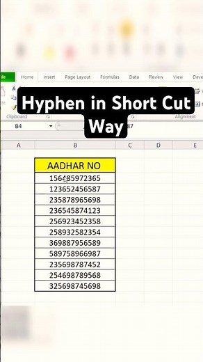 Use Hyphen- in Ms Excel |Aadhar number|#excel#youtubeshorts #computer#viralshort #exceltips