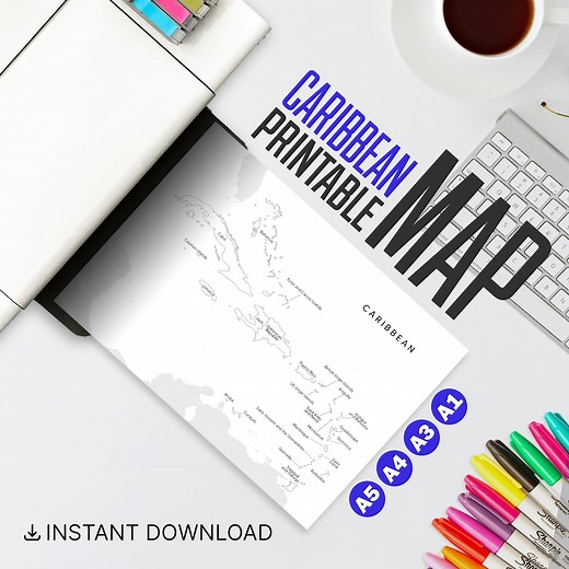 Printable Caribbean Map – Black & White Map | A5, A4, A3, A1 Sizes | Caribbean Islands Travel Map | Coloring Map for Kids and Travelers - Etsy