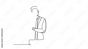 Animated self drawing of continuous line draw front view young startup founder standing and thinking about business strategy for office meeting. Business ideas concept. Full length one line animation