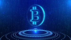 Bitcoin Text Cyberspace Future Digital Technology Hologram Loop Concept. Digital finance online world. Bitcoin. currency Investing bitcoins Online transactions Digital Cryptocurrency. 3D Illustration