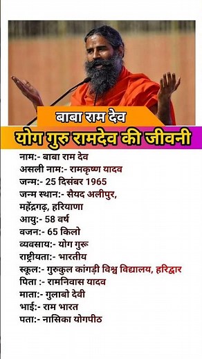 योग गुरु रामदेव बाबा का जीवन परिचय Biography of baba Ramdev #patanjali #yoga #youtubeshorts #facts