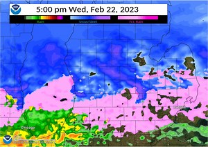 Here is a loop of forecast radar with precipitation types for Wednesday. This loop combines snow and sleet in blue, while pink is freezing rain. Precip will be mainly snow along and N of a Pentwater to Mt. Pleasant line, with sleet and ice along I-96, and ice and then rain along I-94. | US National Weather Service Grand Rapids Michigan