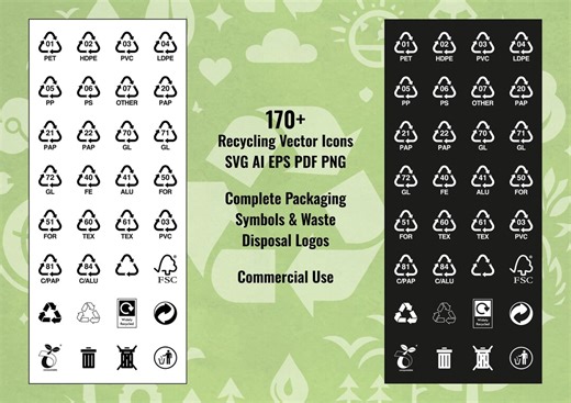 Full Set Recycling Vector Icons | Packaging Symbols, Waste Disposal (SVG, AI, EPS) - Etsy Canada