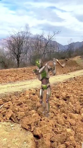 Humanoid Robot Digging Action in Rocky Landscape
