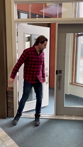 When you’re testing doors and windows, but the beat turns the Pollard Windows & Doors showroom into a drum solo. | Scott McGillivray