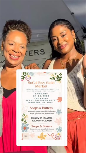 ✨ THIS WEEKEND — COME SHOP WITH US! ✨ Soaps & Butters Naturals will be vending at the SoCal Etsy Guild Market 🤍 Come smell, sample, and stock up on your favorites — handcrafted with love since 2017. 🗓 January 24–25, 2026 ⏰ 12 PM – 7 PM 📍 The Paseo | Old Town Pasadena 300 E. Colorado Blvd 📌 Center Courtyard (near H&M) 🧴 Handmade body butters 🫧 Turmeric soaps 🌿 Botanical oils 🕯 Incense & self-care essentials 🎟 FREE to attend 🐾 Pet-friendly | 👨‍👩‍👧‍👦 Family-friendly 🛍 30 local handma