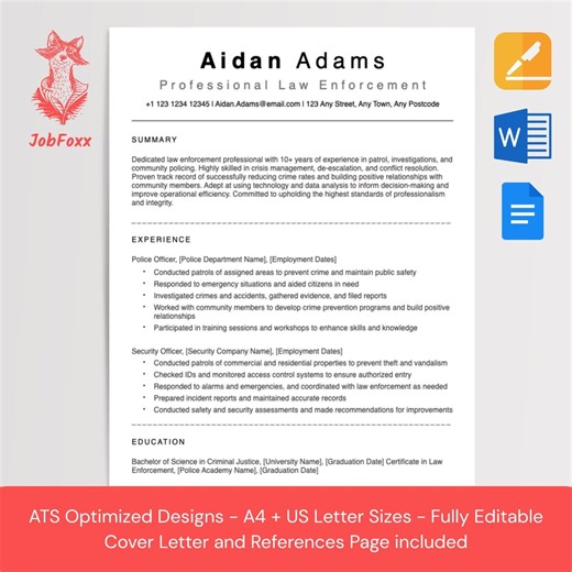 Police Officer Resume Template | Law Enforcement CV | ATS Friendly (word, Pages, Docs) | Instant Download - Etsy