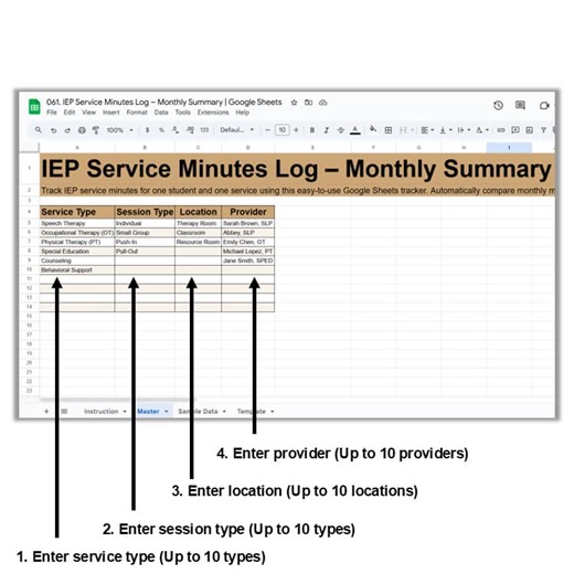 IEP Service Minutes Log – Monthly Summary | Google Sheets