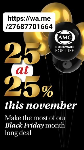Hi Dear, Please find attached current 💥Black November Specials 🔥 BLACK NOVEMBER IS HERE 🔥 Six premium AMC sets at a massive 25% OFF. This is your moment to upgrade your kitchen with cookware that lasts a lifetime. ✅ Cash orders welcome ✅ Interest-free credit and you receive your pots within 2 weeks ✅ Lay-by available for 14 or 18 months ✅ PLUS extra free gifts during this promotion Why customers choose AMC Cookware: • Saves time with fast, even heat • Healthy cooking with less water and less 