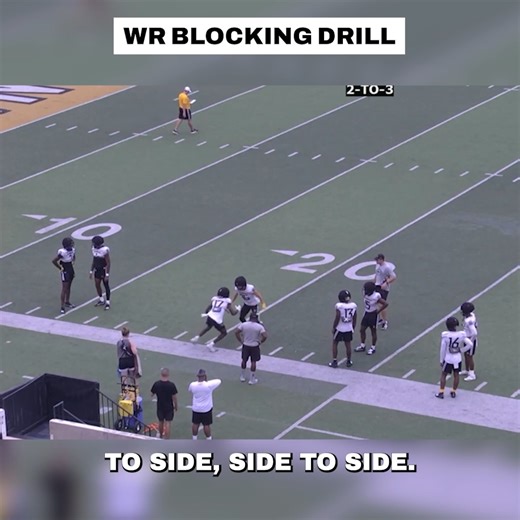 Glazier Clinics on Instagram: "Wide Receiver Blocking Drill WR Fundamentals - The drill involves players mirroring a defensive back (DB) from side to side. - The DB declaring a side means the ball is going to that side. - The DB can declare which side they are going at any time. - The correct blocking technique involves the inside knee aiming toward the crotch. - The blocker's butt should not be towards the sideline; the position should be around a 45-degree angle with hands inside. - The blocki