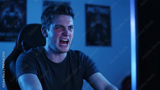 Frustrated Gamer Screaming at Computer - A young man is sitting in a gaming chair in front of a computer, yelling in frustration with his mouth wide open.
