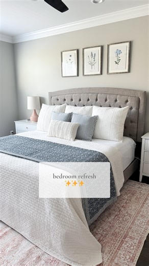 Did a little refresh in our bedroom! Comment “bedroom” and I’ll message you with everything I used to refresh our room! Our master bedroom is now on the main level right off of our living room so I wanted to be sure it’s looking good! I also finally added a rug in here and that makes such a difference! I’m loving adding blues into our home so much right now! #bedroomrefresh #masterbedroom #masterbedroomdecor #masterbedroomdesign #decoratewithme #homerefresh #bedroommakeover #homedecor #homedecor